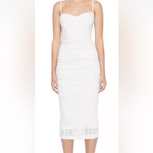 Jonathan Simkhai Womens Moira White Eyelet Calf Ruched Midi Dress M